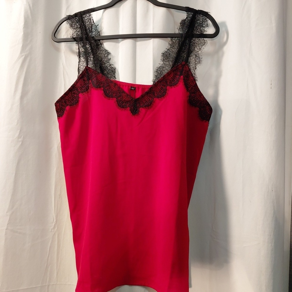 Vintage Camisole Top‎ SIZE LARGE Red Black Lace CHIC 80s 90s cami New